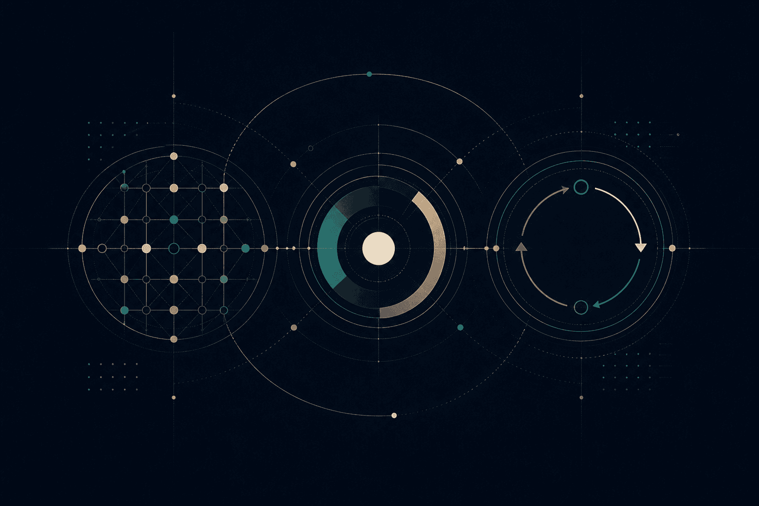 Three connected systems representing frameworks, decisions and review